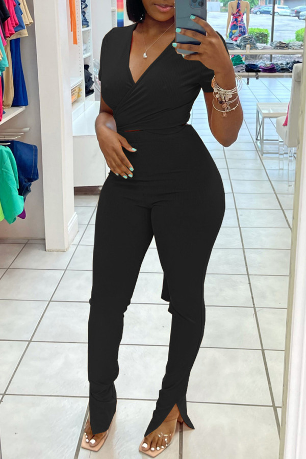 Black Fashion Casual Solid Bandage Slit V Neck Short Sleeve Two Pieces