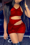 Red Sexy Solid Hollowed Out See-through Asymmetrical V Neck Sleeveless Two Pieces