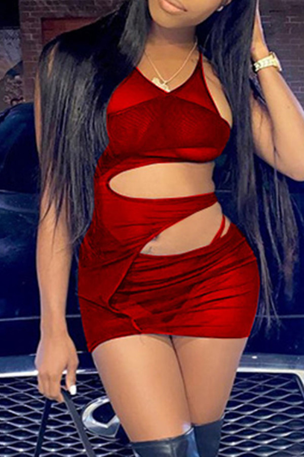 Red Sexy Solid Hollowed Out See-through Asymmetrical V Neck Sleeveless Two Pieces