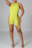 Yellow Sexy Solid Frenulum O Neck Skinny Rompers