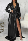 Black Sexy Solid Split Joint V Neck Irregular Dress Dresses