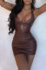 Brown Sexy Solid Hollowed Out Patchwork Halter Pencil Skirt Dresses