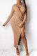 Apricot Sexy Solid Hollowed Out Patchwork Frenulum O Neck Pencil Skirt Dresses