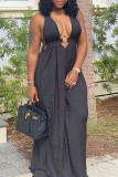 Blue Fashion Sexy Solid Backless V Neck Vest Dress