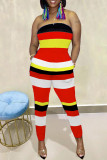 Red Fashion Sexy Striped Print Backless Strapless Regular Jumpsuits