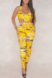 Red Sexy Casual Print Backless U Neck Sleeveless Two Pieces