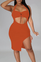 Orange Sexy Solid Hollowed Out Split Joint Frenulum Asymmetrical Halter Pencil Skirt Dresses