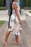 White Fashion Casual Print Asymmetrical Turndown Collar Sleeveless Dress