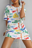 White Casual Print Patchwork O Neck Straight Dresses
