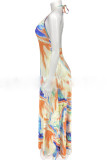 Orange Fashion Sexy Print Backless Spaghetti Strap Sleeveless Dress
