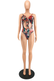 Red Sexy Print Hollowed Out Patchwork Swimwears