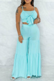 Light Blue Sexy Casual Solid Backless Spaghetti Strap Sleeveless Two Pieces