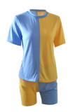 Blue Casual Solid Split Joint  Contrast O Neck Short Sleeve Two Pieces