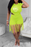 Orange Fashion Casual Letter Print Tassel O Neck Short Sleeve Two Pieces