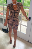 Brown Sexy Print Patchwork Zipper Collar Skinny Rompers
