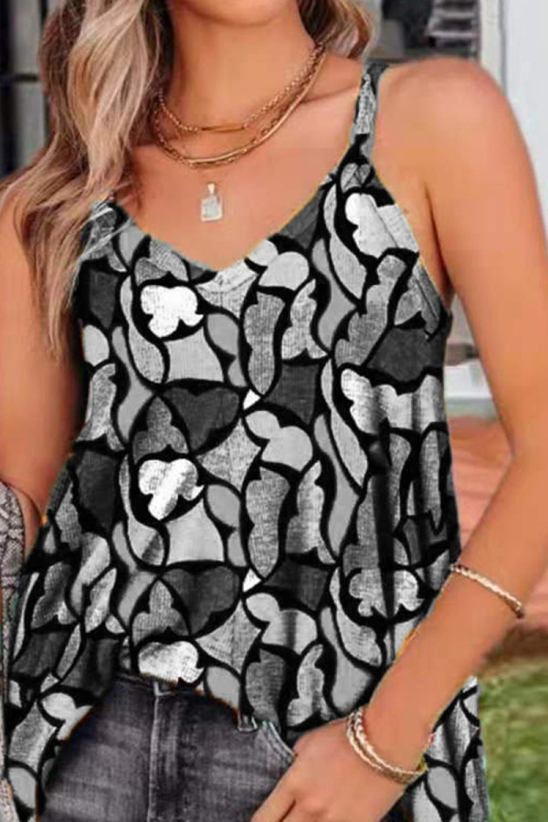 Grey Casual Print Patchwork V Neck Tops
