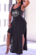 Black Casual Letter Print Patchwork High Opening O Neck Sleeveless Two Pieces