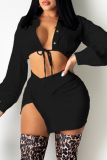 Black Sexy Solid Slit Turndown Collar Long Sleeve Two Pieces