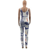 Pink Sexy Print Split Joint U Neck Skinny Jumpsuits