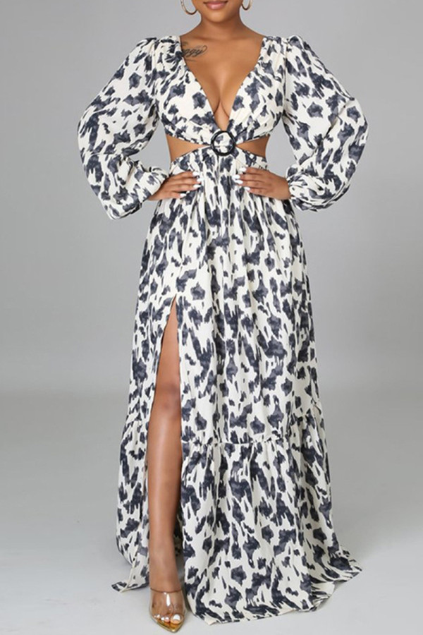 Multicolor Fashion Sexy Print Hollowed Out Backless Slit V Neck Long Sleeve Dresses