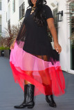 Black Fashion Casual Patchwork See-through O Neck Short Sleeve Dress