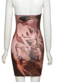 Brown Sexy Print Patchwork Strapless Pencil Skirt Dresses