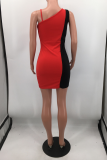 Blue Sexy Color Block Hollowed Out One Shoulder Irregular Dress Dresses