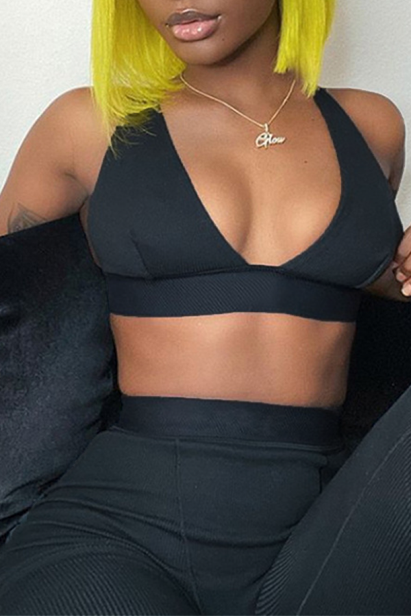 Black Sportswear Solid Patchwork V Neck Sleeveless Two Pieces