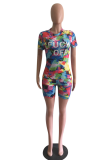 Colour Casual Print Patchwork O Neck Short Sleeve Two Pieces