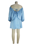 Blue Sexy Solid Flounce Off the Shoulder Pleated Dresses