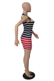 Red Sexy Striped Patchwork O Neck Pencil Skirt Dresses