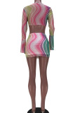 Red Sexy Print Bandage Patchwork See-through V Neck Long Sleeve Two Pieces