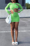 Green Sexy Solid Hollowed Out O Neck Pencil Skirt Dresses
