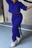 Deep Blue Fashion Casual Solid Zipper Turndown Collar Two Pieces