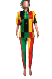 Multicolor Sportswear Striped Patchwork Hooded Collar Half Sleeve Two Pieces