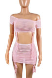 Pink Sexy Solid Patchwork Draw String Fold Off the Shoulder Short Sleeve Two Pieces