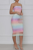 Multicolor Fashion Sexy Gradual Change Print Backless Strapless Sleeveless Dress