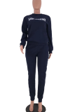 Deep Blue Casual Print Patchwork O Neck Long Sleeve Two Pieces