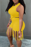 Yellow Solid Tassel Patchwork O Neck Sleeveless Two Pieces