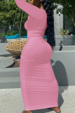 Pink Casual Solid Split Joint Asymmetrical Collar Straight Dresses