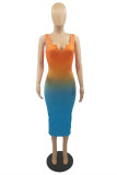 Blue Fashion Sexy Gradual Change Print Basic V Neck Vest Dress