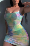 Pink Sexy Print Ripped Hollowed Out Patchwork Backless Spaghetti Strap Sling Dress Dresses