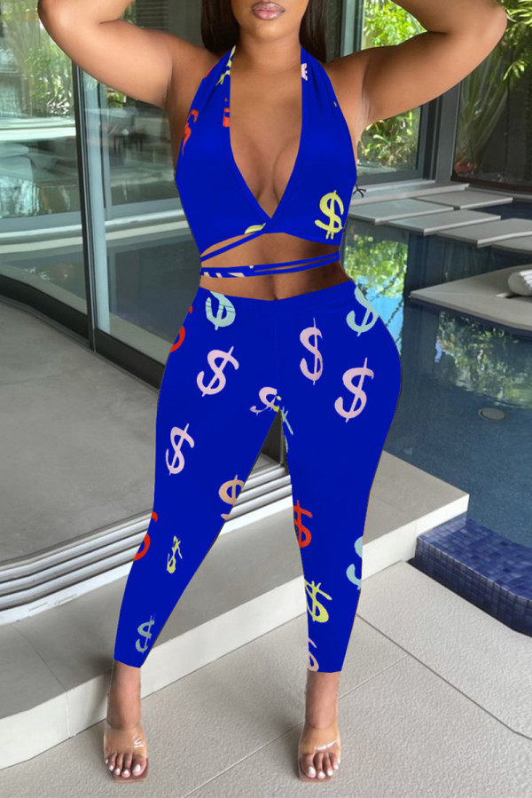Blue Fashion Sexy Print Bandage Backless Halter Sleeveless Two Pieces