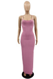 Pink Fashion Sexy Solid Backless Slit Spaghetti Strap Long Dress