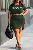 Olive Green Fashion Casual Letter Print Basic O Neck Plus Size Two Pieces