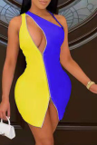Blue Sexy Color Block Hollowed Out One Shoulder Irregular Dress Dresses