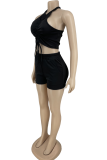 Black Casual Solid Split Joint Halter Sleeveless Two Pieces