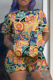Grey Casual Print Patchwork O Neck Short Sleeve Two Pieces