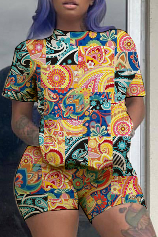 Tangerine Red Casual Print Patchwork O Neck Short Sleeve Two Pieces