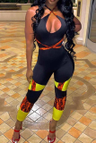 Black Sexy Print Hollowed Out Halter Skinny Jumpsuits